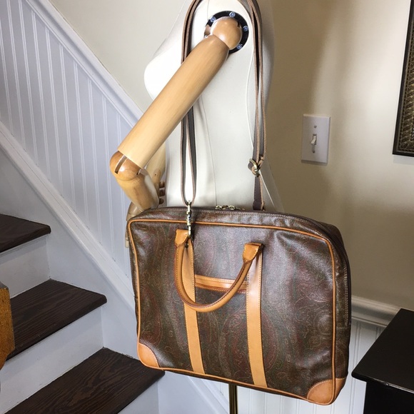 ETRO MILANO Red Paisley Coated Canvas Vachetta Leather Briefcase Laptop File Bag - Picture 17 of 17